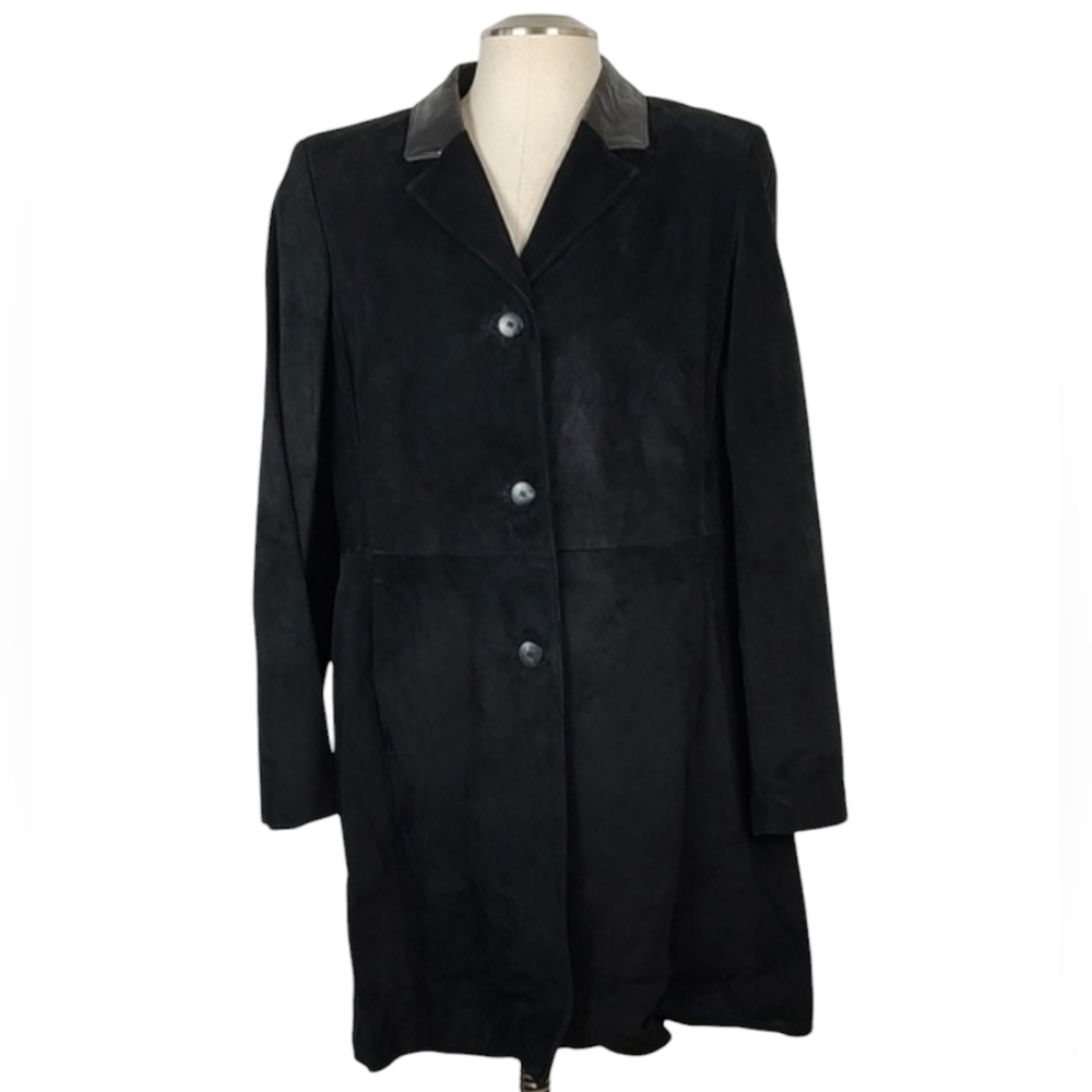 NWT! 100% Suede / Leather Collar Black Lined Single Breast Coat Y2K Size XL
